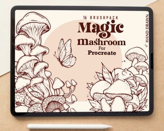 Magic Mushroom Procreate Stamp Brushes | minimalist Mushroom Tattoo Brush Set | Procreate tattoo Brushes | Lineart Mushroom Procreate Stamps