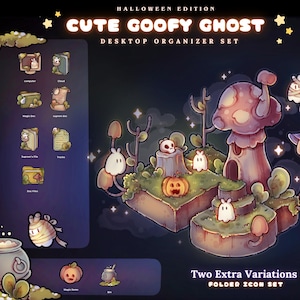 Puede incluir: Un conjunto de organizador de escritorio digital con temática de Halloween. El diseño presenta fantasmas de dibujos animados, calabazas y una casa de hongos. El texto dice "Cute Goofy Ghost Desktop Organizer Set" y "Two Extra Variations Folder Icon Set."