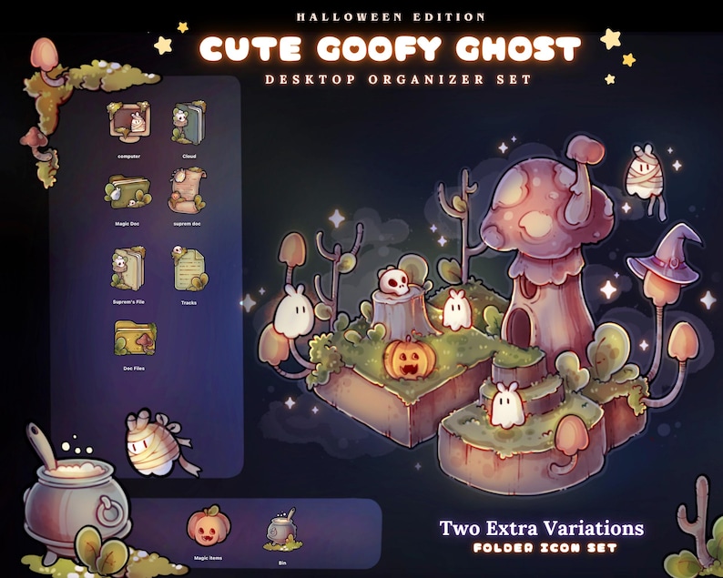 Pode incluir: Um conjunto de organizador de desktop digital com tema de Halloween. O design apresenta fantasmas de desenhos animados, ab&oacute;boras e uma casa de cogumelos. O texto diz "Cute Goofy Ghost Desktop Organizer Set" e "Two Extra Variations Folder Icon Set."