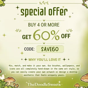 Pode incluir: Um gr&aacute;fico promocional com fundo verde claro apresentando ilustra&ccedil;&otilde;es de cogumelos e vinhas. O texto diz: special offer, BUY 4 OR MORE GET 60% OFF, CODE: SAVE60, WHY YOU'LL LOVE IT e TheDoodleSweets, junto com um texto descritivo.