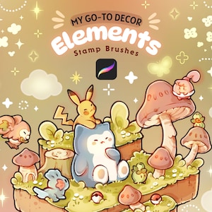 May include: A colourful illustration featuring cartoon characters, mushrooms, and the text "MY GO-TO DECOR Elements Stamp Brushes." The artwork uses a soft colour palette with stars, clouds, and a crescent moon. A Procreate app icon is also visible.