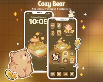 Cosy Bear App Icon Set |  Hand gezeichnet Pastell Blumen App Icon Widget Set | Bequeme Herbst ästhetik Themes für Android IOS Tablet
