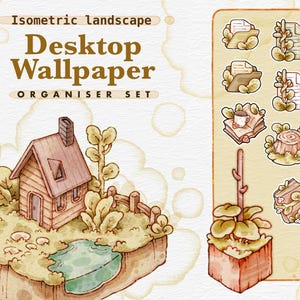 May include: Isometric landscape desktop wallpaper organiser set featuring a brown house, green trees, a pond, and a variety of other elements. The set includes icons for folders, a book, a tree stump, and a plant.