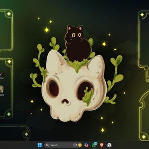 Peut inclure: Un fond d'&eacute;cran d'ordinateur sur le th&egrave;me vert fonc&eacute;, avec un cr&acirc;ne surmont&eacute; d'un chat noir. Le cr&acirc;ne est entour&eacute; de plantes vertes. Le bureau comporte plusieurs ic&ocirc;nes d'applications et des cadres d&eacute;coratifs.