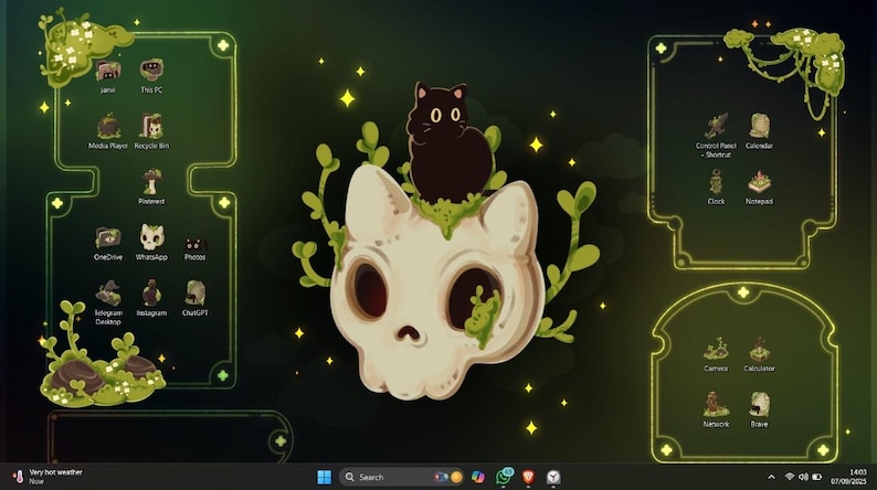 Peut inclure: Un fond d'&eacute;cran d'ordinateur sur le th&egrave;me vert fonc&eacute;, avec un cr&acirc;ne surmont&eacute; d'un chat noir. Le cr&acirc;ne est entour&eacute; de plantes vertes. Le bureau comporte plusieurs ic&ocirc;nes d'applications et des cadres d&eacute;coratifs.