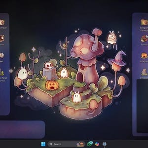 Pode incluir: Ilustra&ccedil;&atilde;o digital de fantasia de um fundo de tela. Apresenta uma casa em forma de cogumelo, ab&oacute;boras e figuras fantasmag&oacute;ricas. O esquema de cores &eacute; roxo, rosa e verde. O desktop tem &iacute;cones de aplicativos.