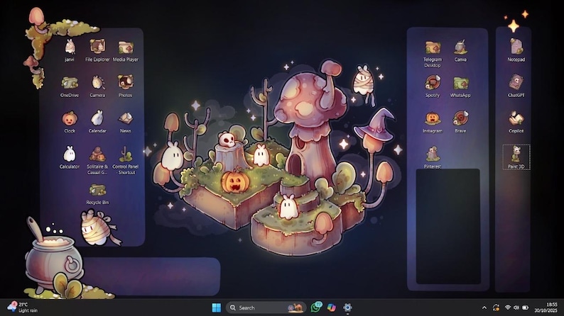 Pode incluir: Ilustra&ccedil;&atilde;o digital de fantasia de um fundo de tela. Apresenta uma casa em forma de cogumelo, ab&oacute;boras e figuras fantasmag&oacute;ricas. O esquema de cores &eacute; roxo, rosa e verde. O desktop tem &iacute;cones de aplicativos.
