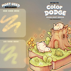 以下が含まれることがあります： 木製の切り株の上に小さな家とウサギが乗っているデジタルイラスト。切り株は緑の草、キノコ、白い鳥に囲まれています。イラストの上には「MY GO-TO color DODGE HIGHLIGHT BRUSH FOR PROCREATE」というテキストが書かれています。イラストの下には、「MOST USED BRUSHES」というテキストと、「EDGE DODGE BRUSH」と「AIR DODGE BRUSH」という2つのブラシの名前が書かれた2つのボックスがあります。