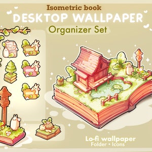 Set di organizer per sfondi per sfondi a tema desktop per libri isometrici / Organizer per sfondi per icone di cartelle da giardino coniglietto / Organizer per desktop Kawai