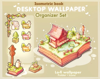 Isometrische Boek Bureaublad Thema Achtergrond Behang Organizer Set | Bunny Garden Mappictogrammen Wallpaper Organizer | Kawai Desktop Organizer