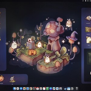 Pode incluir: Ilustra&ccedil;&atilde;o digital caprichosa com um papel de parede de desktop com tema de Halloween. O design inclui uma casa de cogumelos, ab&oacute;boras, fantasmas e um chap&eacute;u de bruxa. A paleta de cores &eacute; dominada por roxos, marrons e verdes, criando uma atmosfera assustadora, mas convidativa.