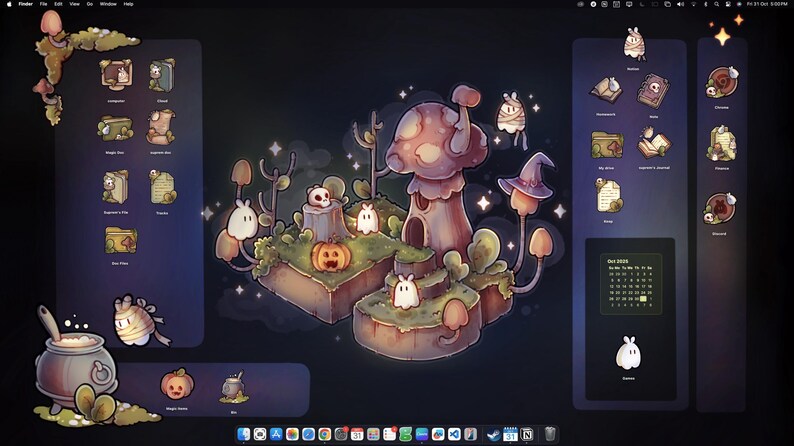 Pode incluir: Ilustra&ccedil;&atilde;o digital caprichosa com um papel de parede de desktop com tema de Halloween. O design inclui uma casa de cogumelos, ab&oacute;boras, fantasmas e um chap&eacute;u de bruxa. A paleta de cores &eacute; dominada por roxos, marrons e verdes, criando uma atmosfera assustadora, mas convidativa.