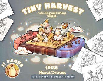 Tiny Harvest mini coloring book pages  | Cozy & comfy bold easy Isometric Adult Printable Coloring sheets - 100% Hand-Drawn