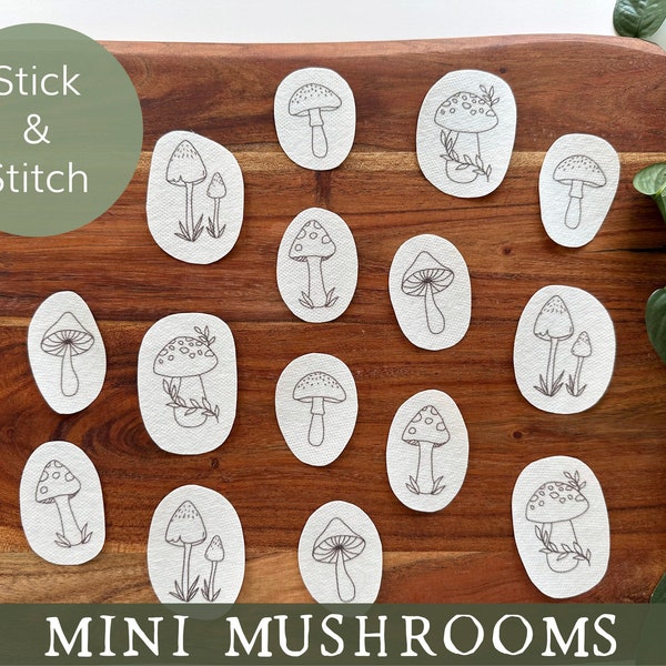 Mini mushrooms stick and stitch embroidery designs, toadstools peel and stick embroidery transfers, DIY clothing patch, mushroom patterns
