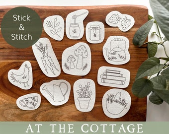 Cottage stick and stitch embroidery, cottagecore stick and stitch patterns, water soluble designs, embroidery peel and stick transfer patch