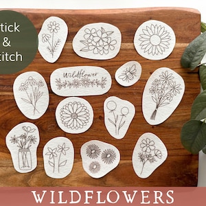 Wildflowers stick and stitch embroidery patterns, botanical embroidery designs, floral water soluble peel and stick embroidery transfers