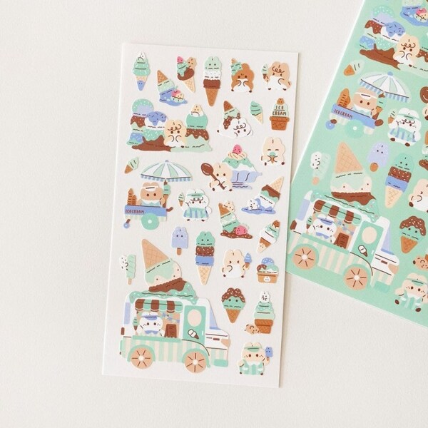 Mint Ice Cream Truck Sticker Sheet | Cute Sticker Sheet, Bullet Journal Stickers, Planner Stickers, Journal Stickers, Kawaii Stickers, Korea