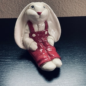 White Ceramic Bunny decorative  Long Ear bunny Sitting Down bunny wearing overalls