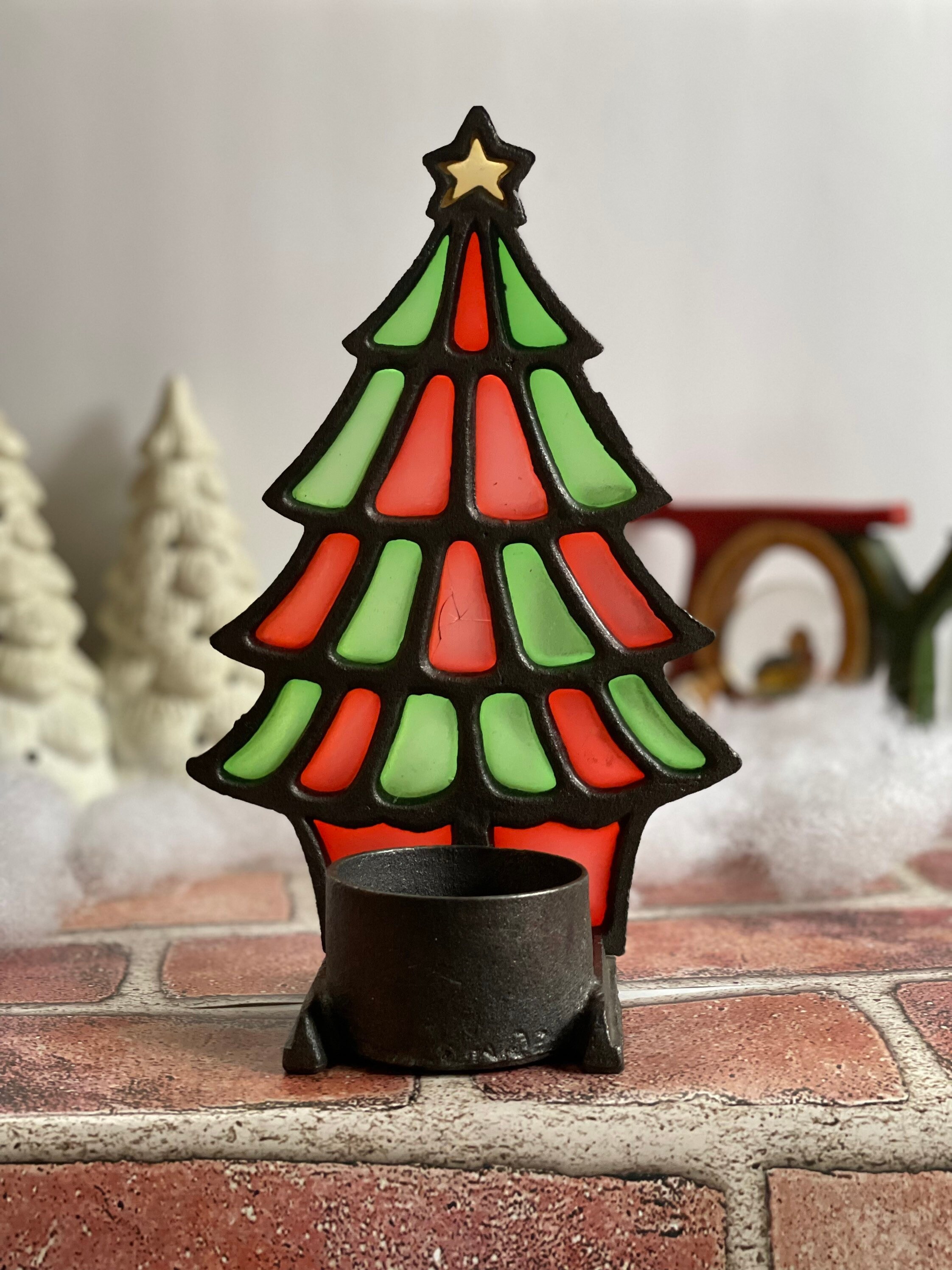 Vintage Stained Glass Cast Iron Christmas Tree Candle Holder Etsy