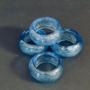 Blue Glass Napkin Rings: Frosted Ocean Wave Design, Set of 4