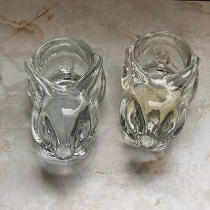 Two vintage Indiana clear glass bunnies | Rabbits votive or tealight candle holders.