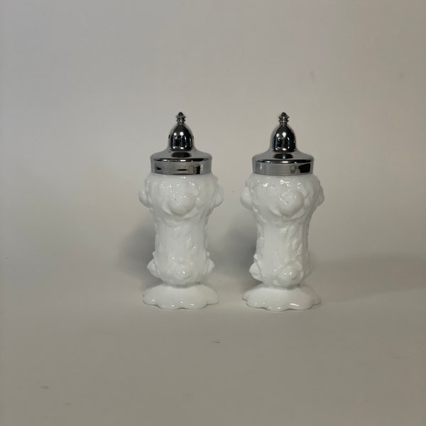 Set of two Milk Glass Salt and Pepper Shakers | White Salt and Pepper Shakers with Rose Embossed  Design..