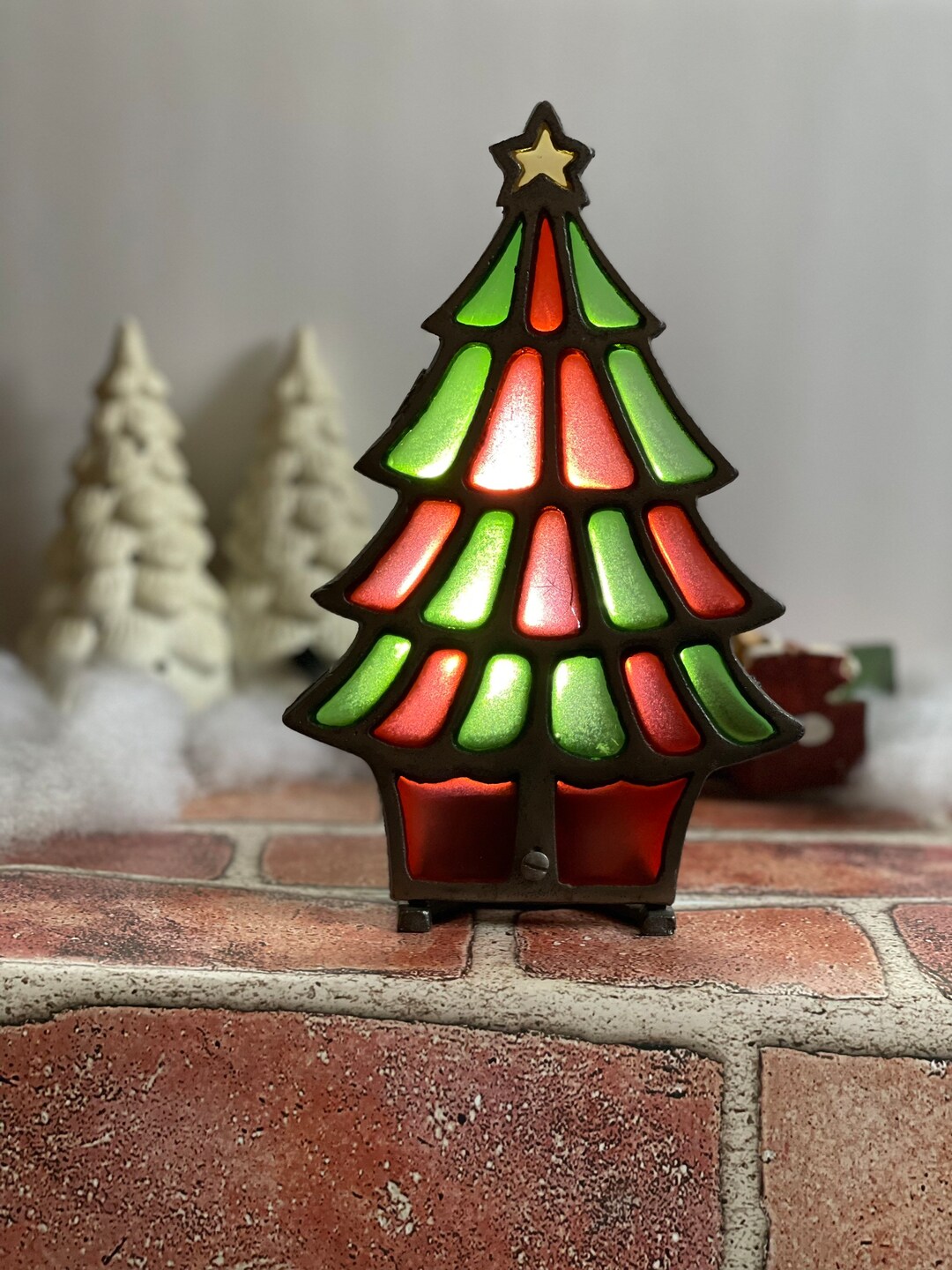 Vintage Stained Glass Cast Iron Christmas Tree Candle Holder Etsy