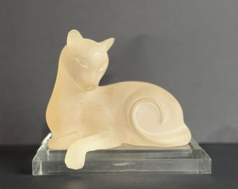 Frosted Glass Cat Figurine | Vintage Art Glass Display