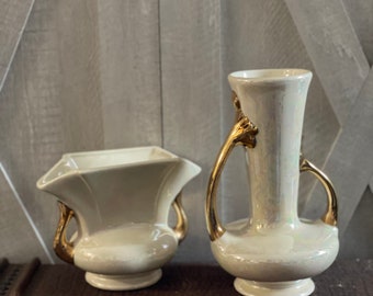 Set of two opalescent vases pearlescent vases with  gold handles ceramic vases..