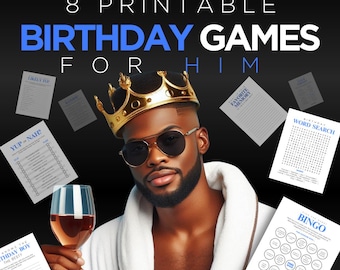 Op de afbeelding: Een set van 8 printbare verjaardagsspellen voor een man. De spellen omvatten een woordzoeker, bingo en een "ja-nee"-spel. De spellen zijn ontworpen om leuk en boeiend te zijn voor een verjaardagsfeest.
