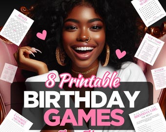 May include: Image features a smiling person wearing a gold crown and jewelry, surrounded by pink hearts and printable birthday games. Text reads "8 Printable Birthday Games For Her."