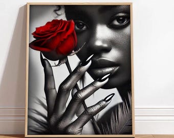 Arte de parede IMPRIMÍVEL de mulher negra | Mulher afro-americana segurando uma rosa | Arte com melanina | Decoração de quarto afro (Download digital)