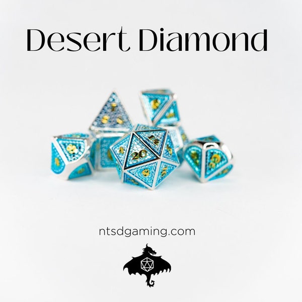 Desert Diamond | Light Blue Scale with Silver Edges | 7 Piece Metal Polyhedral Dice Set | D&D Dice | RPG