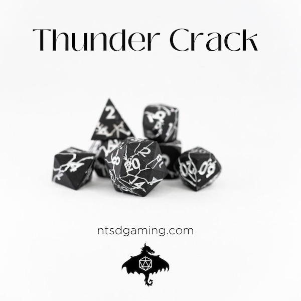 Thunder Crack | Matte Black with Silver Cracking | 7 Piece Metal Polyhedral Dice Set | D&D Dice | RPG