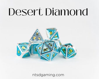 Desert Diamond | Light Blue Scale with Silver Edges | 7 Piece Metal Polyhedral Dice Set | D&D Dice | RPG