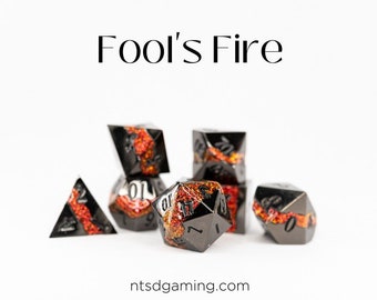 Fool's Fire | Black Single Stripe Red Mica | 7 Piece Metal Polyhedral Dice Set | D&D Dice | RPG