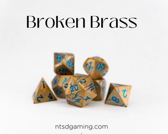 Broken Brass | Brass Plate with Blue Cracking | 7 Piece Metal Polyhedral Dice Set | D&D Dice | RPG