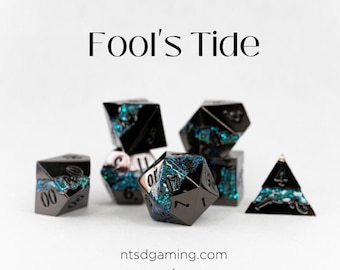 Fool's Tide | Black Single Stripe Blue Mica | 7 Piece Metal Polyhedral Dice Set | D&D Dice | RPG