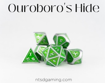 Ouroboros Hide | Green Scale with Silver Edges | 7 Piece Metal Polyhedral Dice Set | RPG | D&D Dice