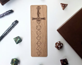 Dice Sword - Dungeons and Dragons Inspired Wooden Bookmark