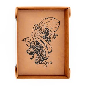 May include: A rectangular, brown leather dice tray with a black octopus illustration. The octopus has dice on its tentacles. The tray has a raised border and is designed to contain dice during gameplay.