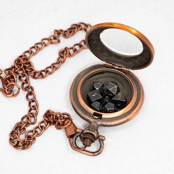 Grit In The Gears | Copper Pocket Watch with 7 Piece Micro Metal Polyhedral Dice Set | RPG | D&D Dice