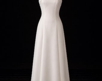 Vintage 90-tals Gold Label Vera Wang axelbandslös A-linjeformad brudklänning | Rak halsringning, minimalistisk, ren brudklänning
