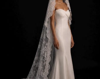 May include: A floor-length white strapless gown with a sweetheart neckline and a fitted bodice that flares at the skirt. A long, sheer white veil with intricate floral lace trim extends from the head down to the floor, draping behind the gown.