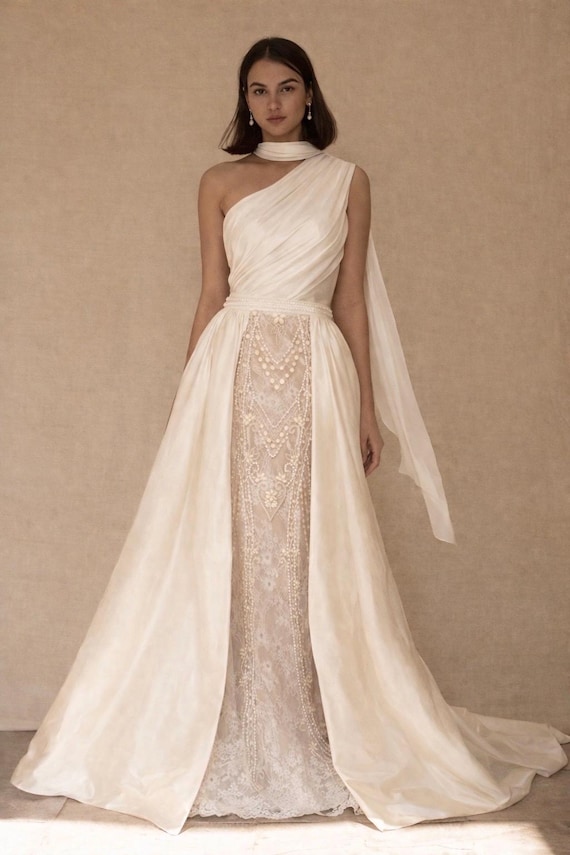 one shoulder vintage wedding dress One-shoulder Flowy A-line Wedding Dress With Draping Bodice, Beaded Embroidery, Shoulder Tulle Bow / Romantic Bridal Style - (ANONA)