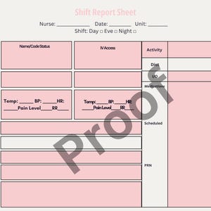 May include: A pink and white shift report sheet with text fields for medical information. The sheet includes sections for patient vitals, allergies, diagnosis, and notes. The title "Shift Report Sheet" is at the top.