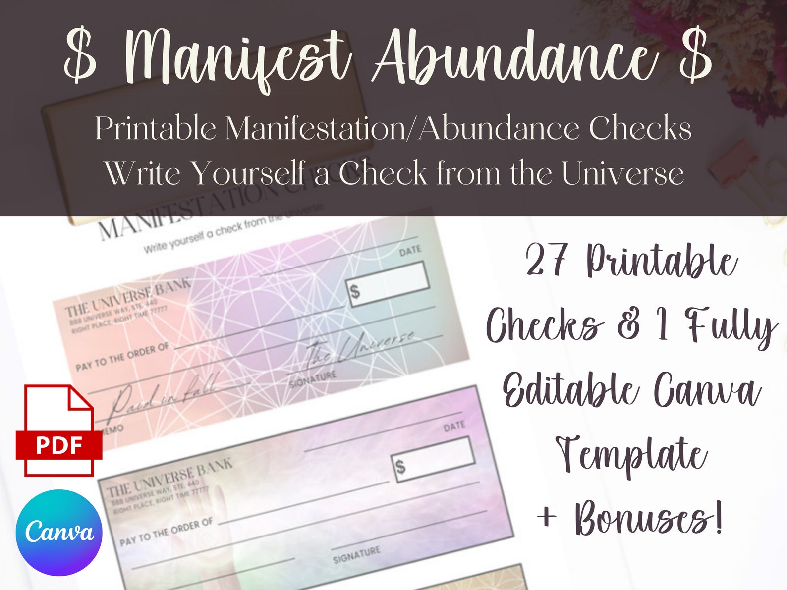 Printable Manifestation Abundance Checks and Canva Editable Abundance