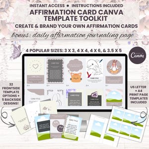 Op de afbeelding: Digitale Canva-sjabloon toolkit voor affirmatiekaarten. De afbeelding toont een computerscherm met verschillende kaartontwerpen met illustraties en tekst. De tekst bevat "Maak en merk uw eigen affirmatiekaarten" en "4 populaire maten: 7,6 x 7,6, 10,2 x 10,2, 10,2 x 15,2 & 8,9 x 12,7 cm".