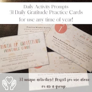 Afdrukbare kaartenset 31 Days of Gratitude, Gratitude-oefening, niet-religieus en gemaakt voor iedereen! Dagelijkse citaten, aanwijzingen en activiteiten voor dankbaarheid
