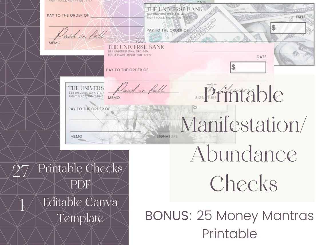Printable Manifestation Abundance Checks and Canva Editable Abundance Printable Manifestation Abundance Checks and Canva Editable Abundance